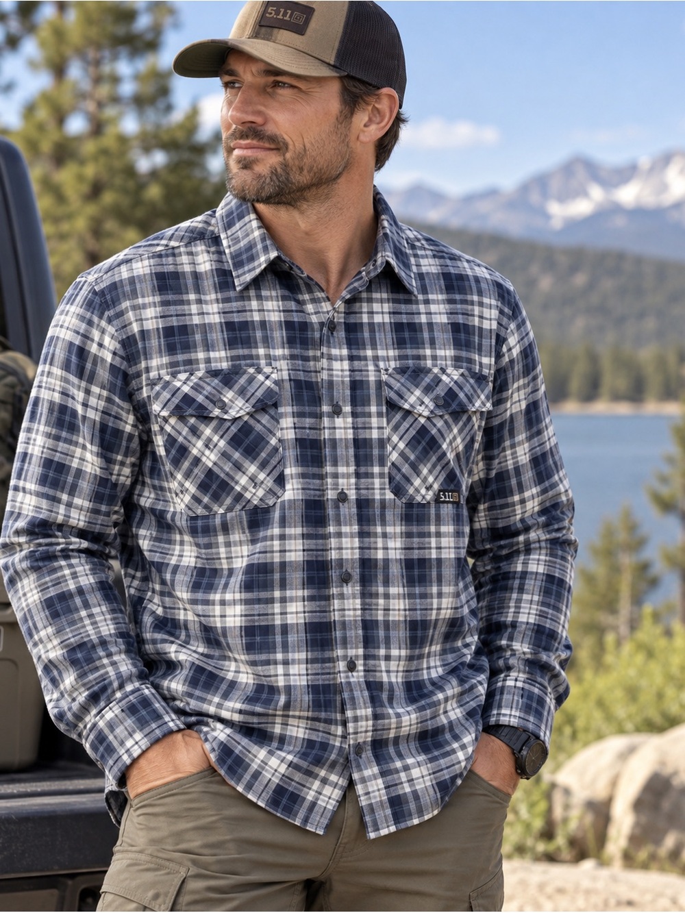 5.11 Tactical Men’s XL Plaid Long Sleeve Snap Shirt Blue Gray 100% Cotton